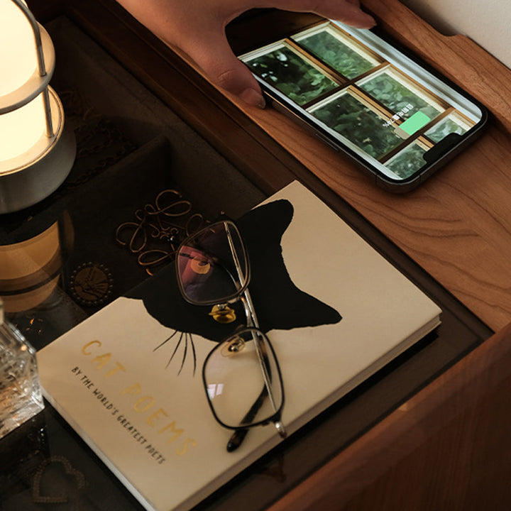 Moderner Retro-Nachttisch aus Sperrholz und Glas in Würfelform mit 3 Schubladen für das Schlafzimmer 