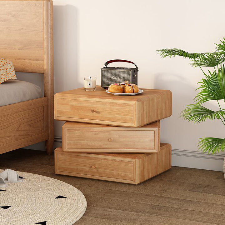 Mesita de noche giratoria de madera de caucho cuadrada de estilo retro contemporáneo con 3 cajones, armario de almacenamiento multifuncional para dormitorio 