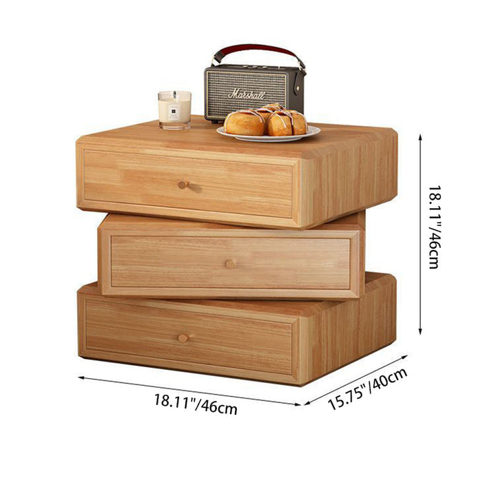 Mesita de noche giratoria de madera de caucho cuadrada de estilo retro contemporáneo con 3 cajones, armario de almacenamiento multifuncional para dormitorio 