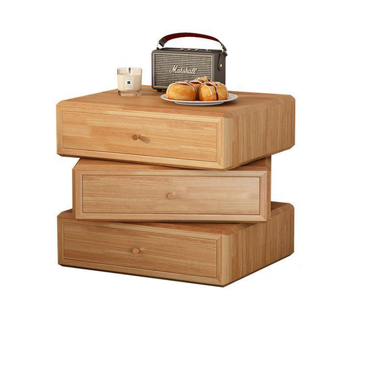 Mesita de noche giratoria de madera de caucho cuadrada de estilo retro contemporáneo con 3 cajones, armario de almacenamiento multifuncional para dormitorio 