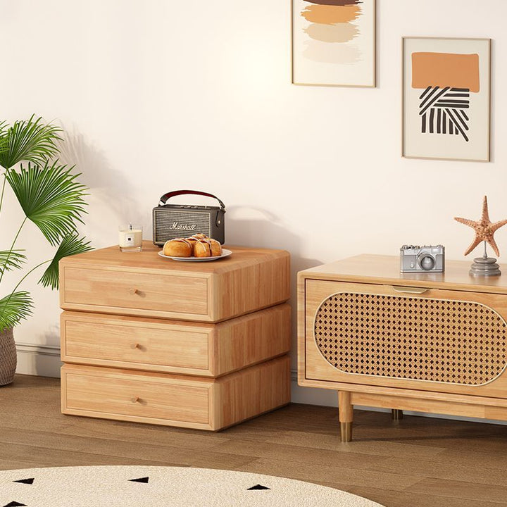 Mesita de noche giratoria de madera de caucho cuadrada de estilo retro contemporáneo con 3 cajones, armario de almacenamiento multifuncional para dormitorio 