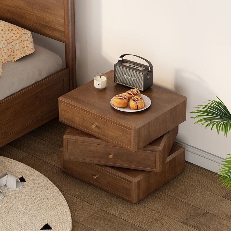 Mesita de noche giratoria de madera de caucho cuadrada de estilo retro contemporáneo con 3 cajones, armario de almacenamiento multifuncional para dormitorio 