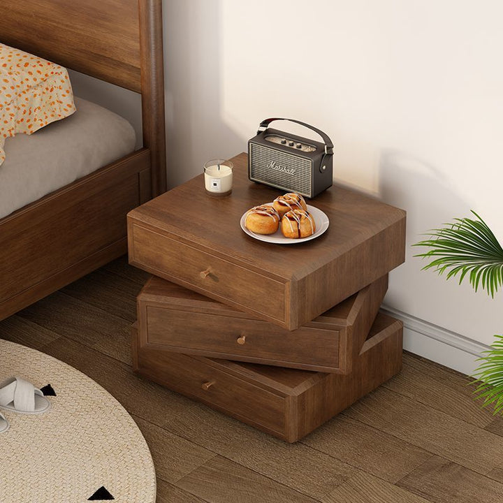 Mesita de noche giratoria de madera de caucho cuadrada de estilo retro contemporáneo con 3 cajones, armario de almacenamiento multifuncional para dormitorio 