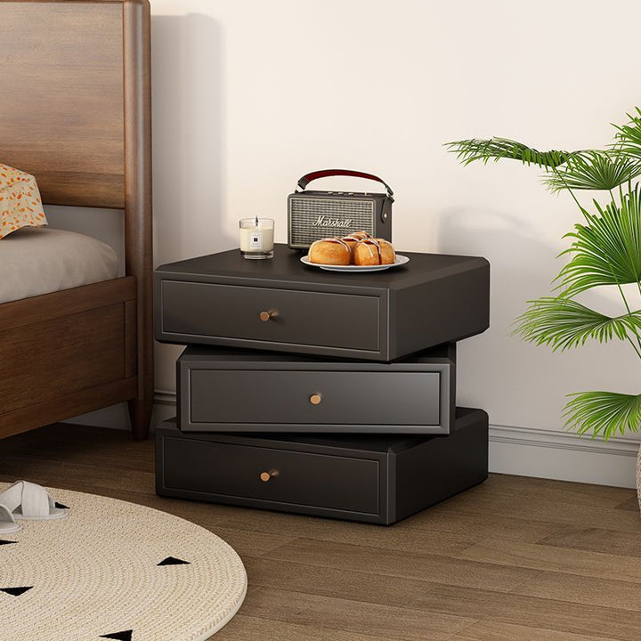 Mesita de noche giratoria de madera de caucho cuadrada de estilo retro contemporáneo con 3 cajones, armario de almacenamiento multifuncional para dormitorio 