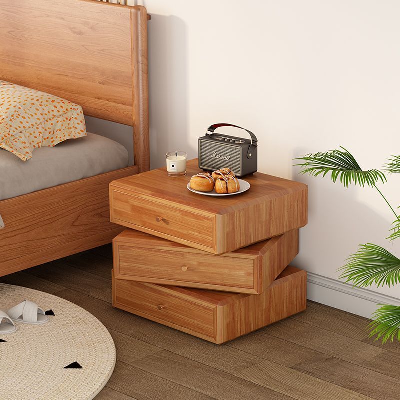 Mesita de noche giratoria de madera de caucho cuadrada de estilo retro contemporáneo con 3 cajones, armario de almacenamiento multifuncional para dormitorio 