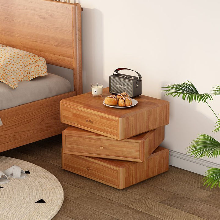 Mesita de noche giratoria de madera de caucho cuadrada de estilo retro contemporáneo con 3 cajones, armario de almacenamiento multifuncional para dormitorio 