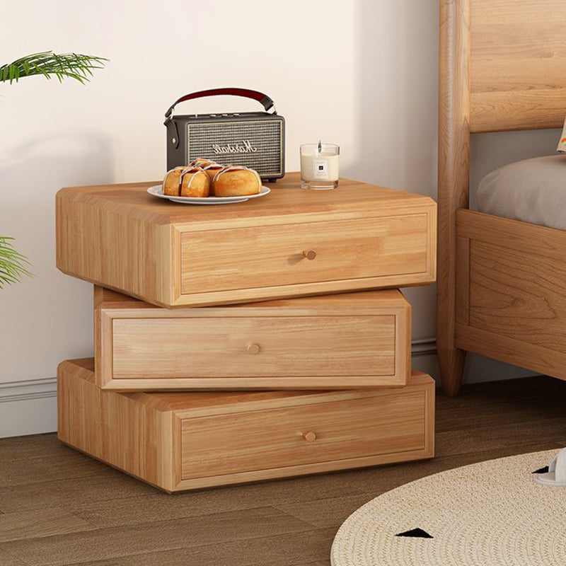 Mesita de noche giratoria de madera de caucho cuadrada de estilo retro contemporáneo con 3 cajones, armario de almacenamiento multifuncional para dormitorio 