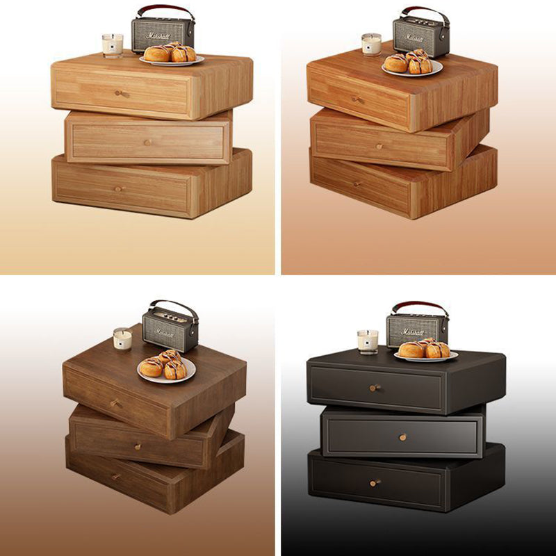 Mesita de noche giratoria de madera de caucho cuadrada de estilo retro contemporáneo con 3 cajones, armario de almacenamiento multifuncional para dormitorio 
