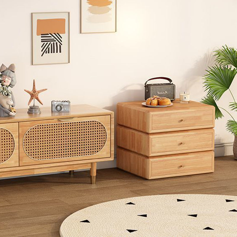 Mesita de noche giratoria de madera de caucho cuadrada de estilo retro contemporáneo con 3 cajones, armario de almacenamiento multifuncional para dormitorio 
