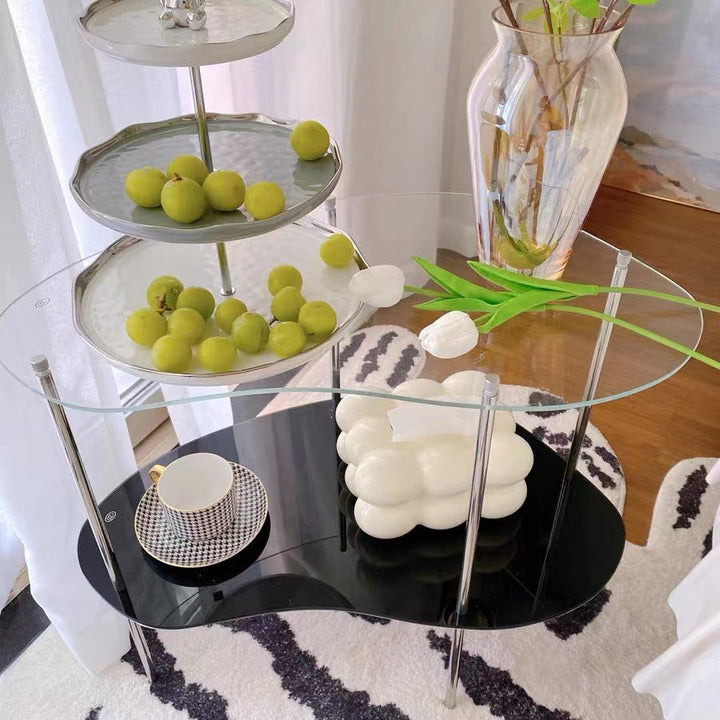 Table basse moderne en métal à deux niveaux avec plateau en acrylique incurvé pour salon 