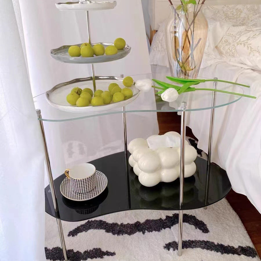 Table basse moderne en métal à deux niveaux avec plateau en acrylique incurvé pour salon 