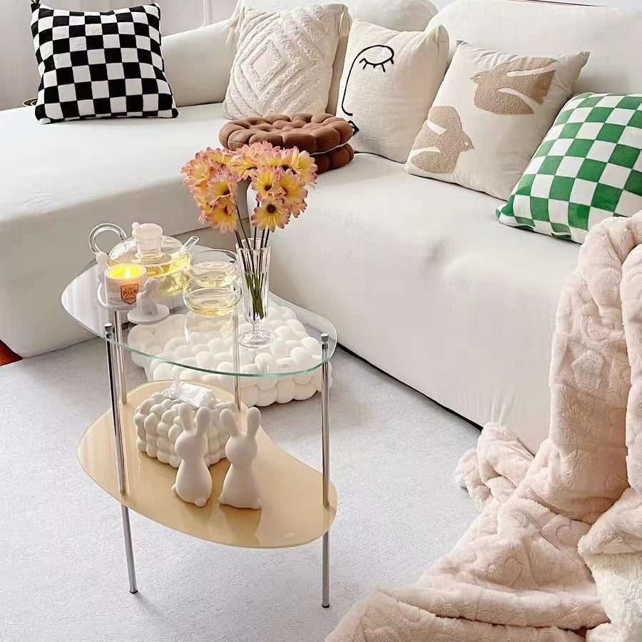 Table basse moderne en métal à deux niveaux avec plateau en acrylique incurvé pour salon 