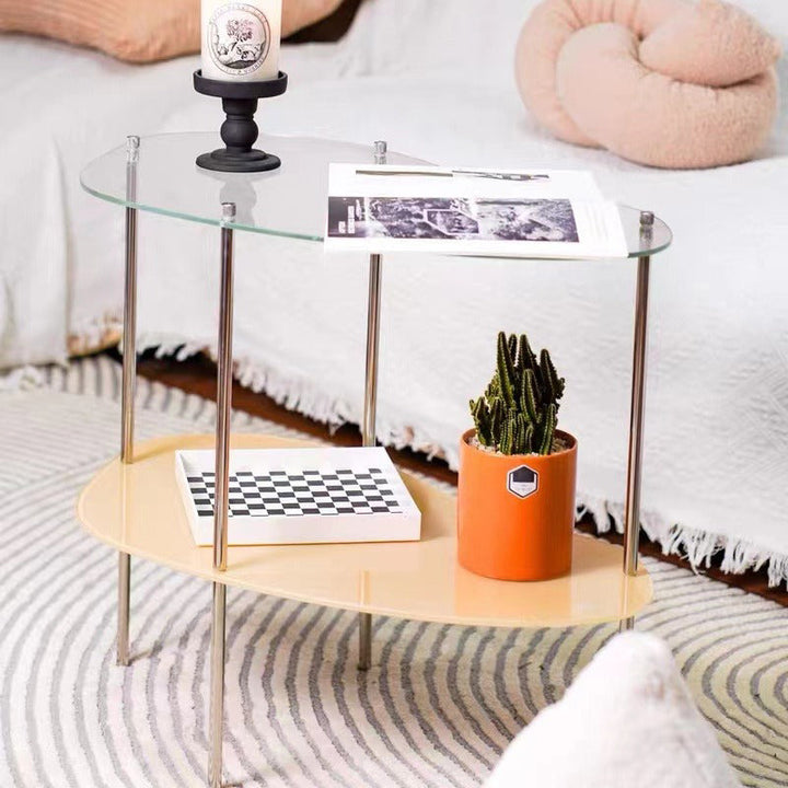 Table basse moderne en métal à deux niveaux avec plateau en acrylique incurvé pour salon 