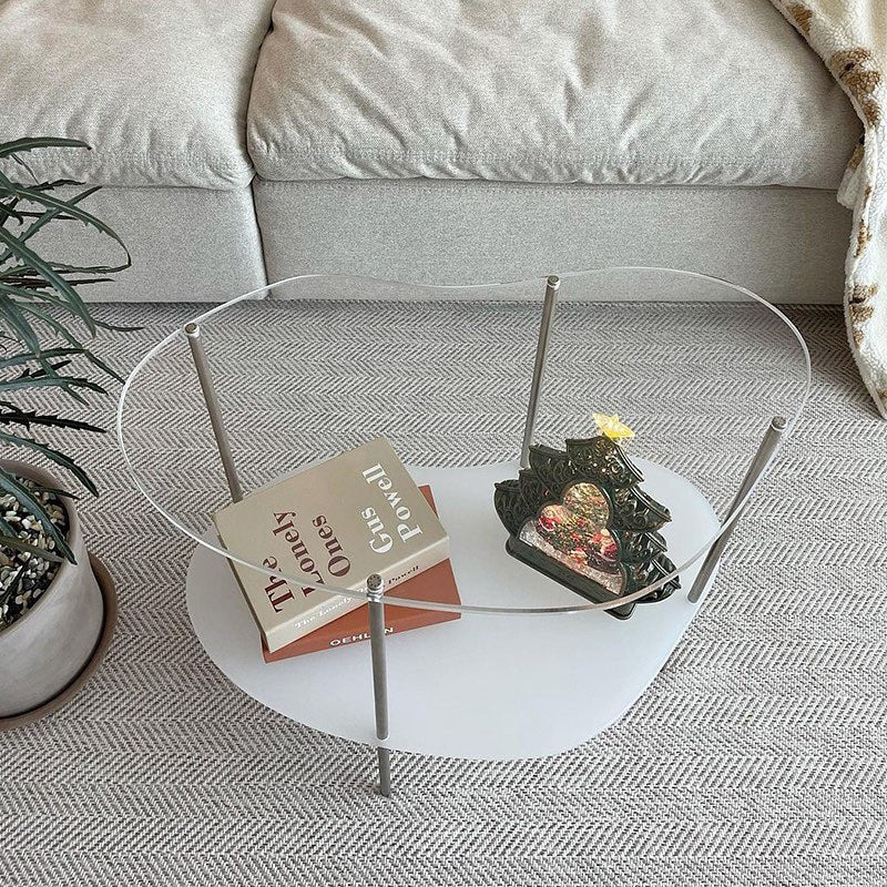 Table basse moderne en métal à deux niveaux avec plateau en acrylique incurvé pour salon 