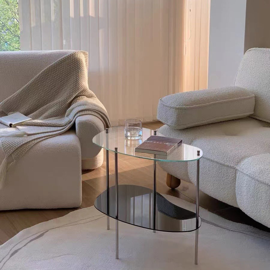 Table basse moderne en métal à deux niveaux avec plateau en acrylique incurvé pour salon 
