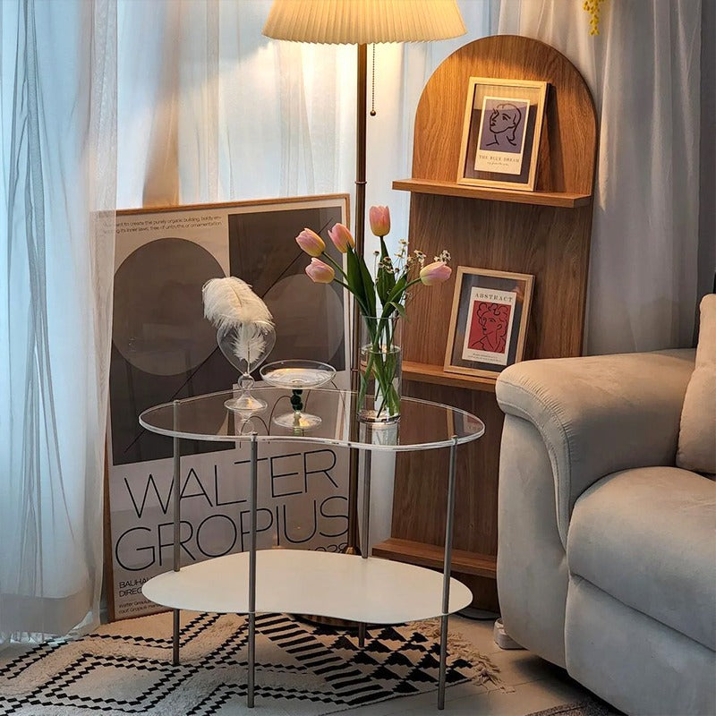 Table basse moderne en métal à deux niveaux avec plateau en acrylique incurvé pour salon 