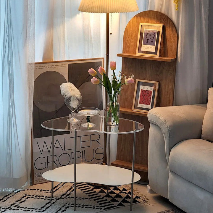 Table basse moderne en métal à deux niveaux avec plateau en acrylique incurvé pour salon 