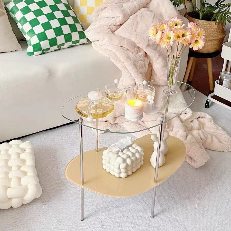 Table basse moderne en métal à deux niveaux avec plateau en acrylique incurvé pour salon 