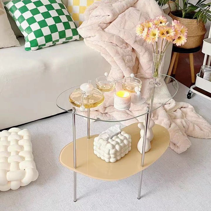 Table basse moderne en métal à deux niveaux avec plateau en acrylique incurvé pour salon 