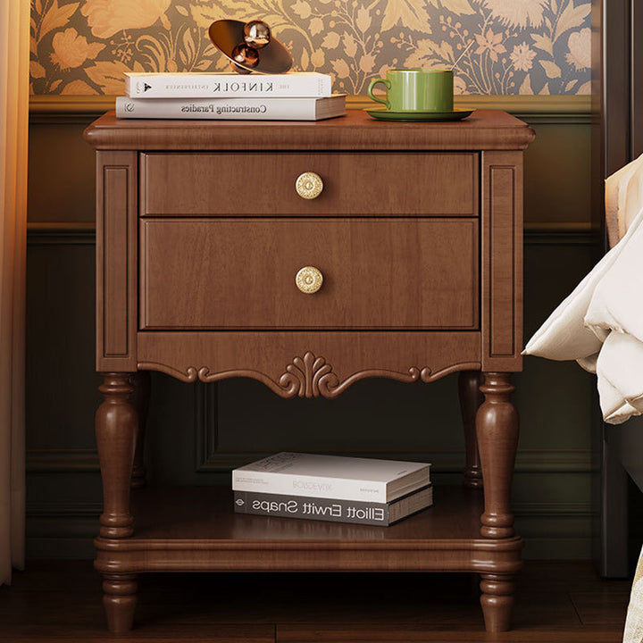 Traditional French Rectangular Rubberwood Plywood Nightstand 2-Drawer For Bedroom