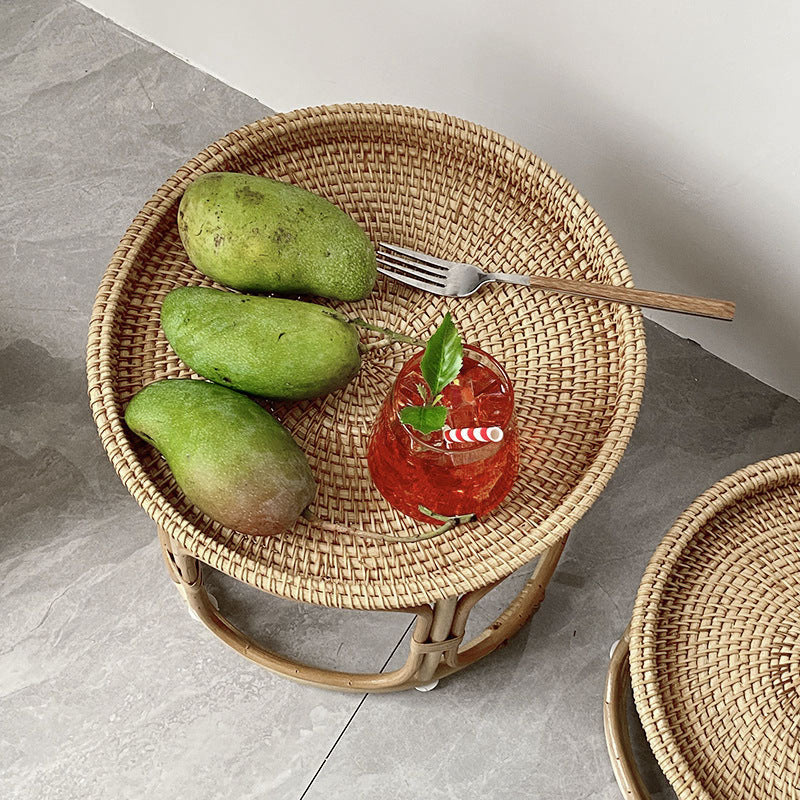 Mesa de centro redonda contemporánea boho con base de ratán tejido para sala de estar 