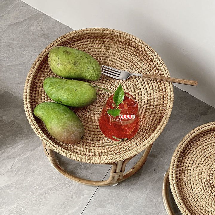 Mesa de centro redonda contemporánea boho con base de ratán tejido para sala de estar 