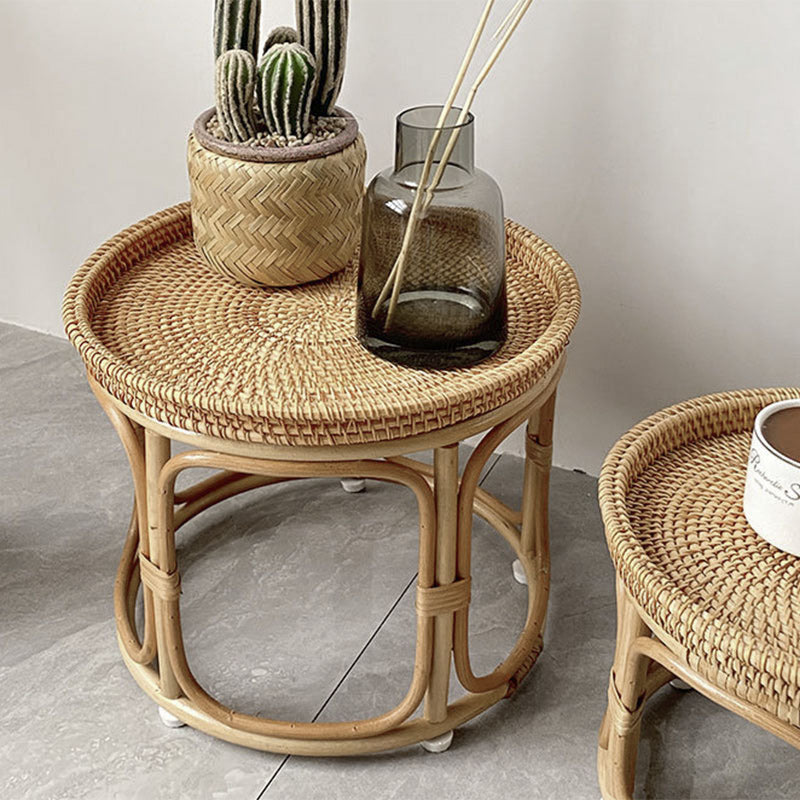 Mesa de centro redonda contemporánea boho con base de ratán tejido para sala de estar 