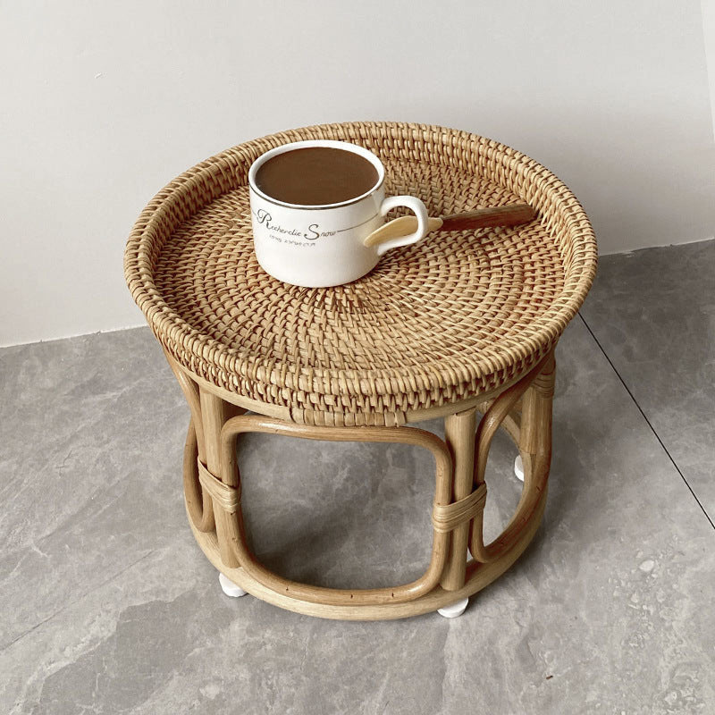 Mesa de centro redonda contemporánea boho con base de ratán tejido para sala de estar 