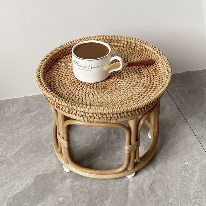 Mesa de centro redonda contemporánea boho con base de ratán tejido para sala de estar 