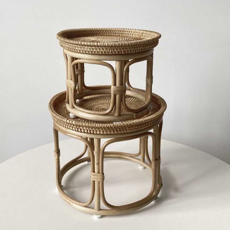 Mesa de centro redonda contemporánea boho con base de ratán tejido para sala de estar 