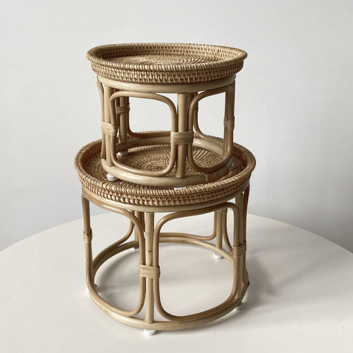 Mesa de centro redonda contemporánea boho con base de ratán tejido para sala de estar 