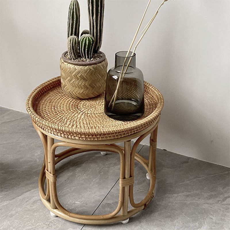 Mesa de centro redonda contemporánea boho con base de ratán tejido para sala de estar 