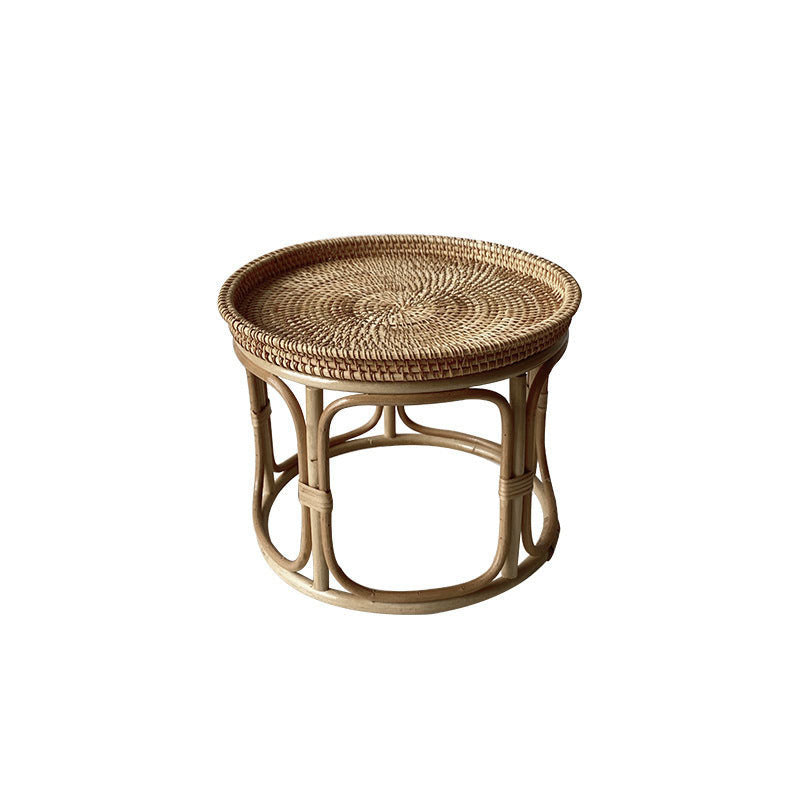 Mesa de centro redonda contemporánea boho con base de ratán tejido para sala de estar 
