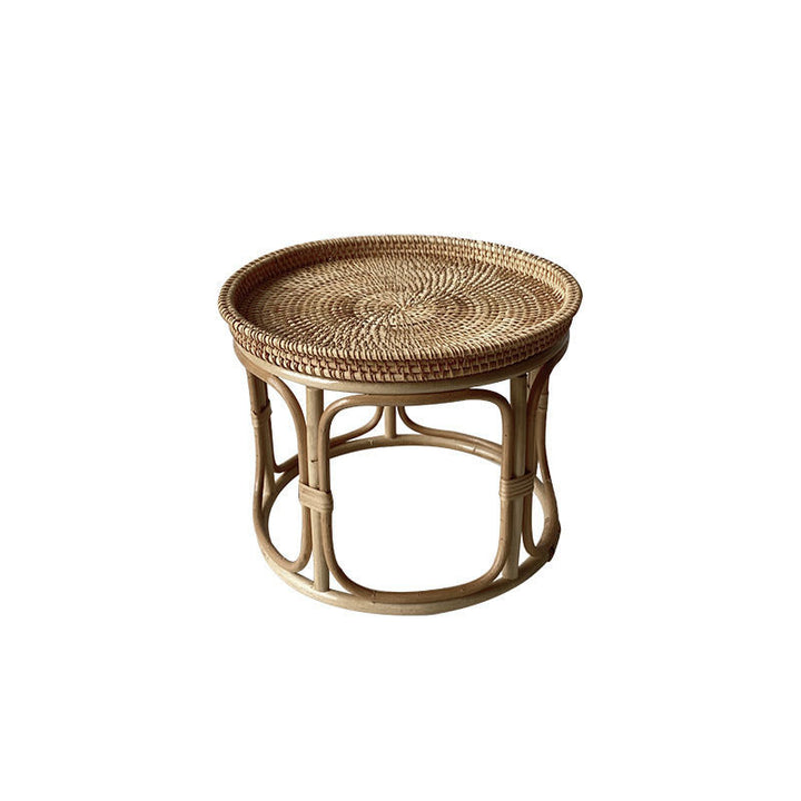 Mesa de centro redonda contemporánea boho con base de ratán tejido para sala de estar 