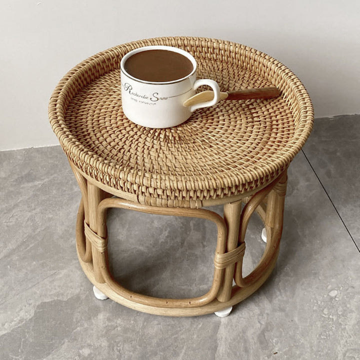Mesa de centro redonda contemporánea boho con base de ratán tejido para sala de estar 