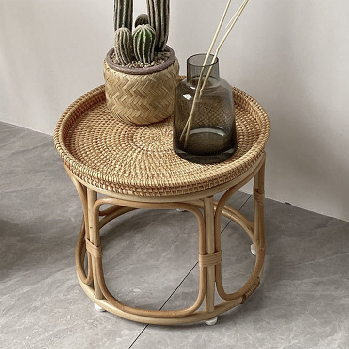 Mesa de centro redonda contemporánea boho con base de ratán tejido para sala de estar 
