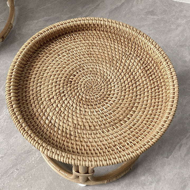 Mesa de centro redonda contemporánea boho con base de ratán tejido para sala de estar 