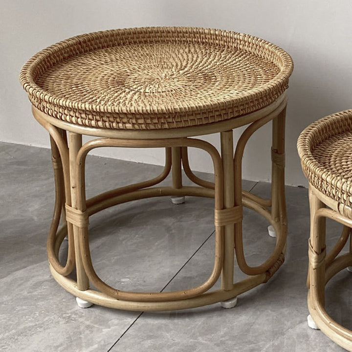 Mesa de centro redonda contemporánea boho con base de ratán tejido para sala de estar 