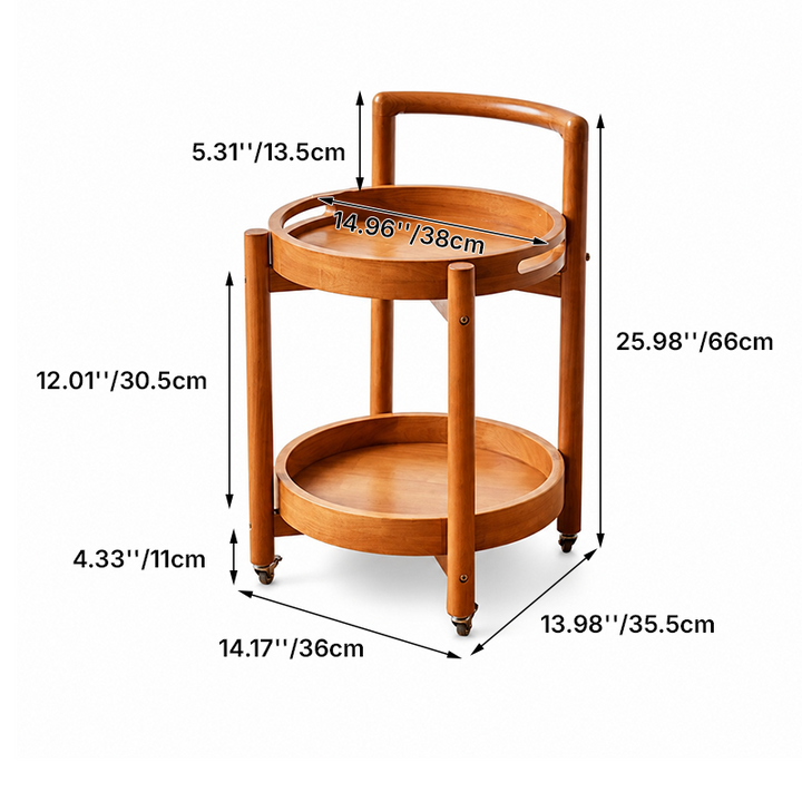 Traditional Vintage Round Rubberwood Tray Top End Table 2-Tier Rolling Cart For Living Room