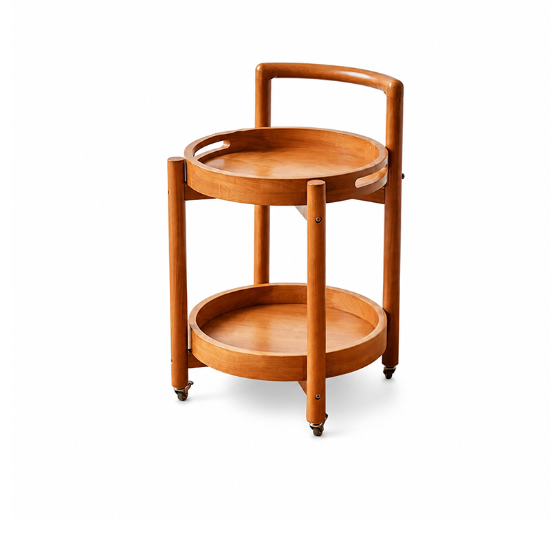 Chariot roulant à 2 niveaux avec plateau rond traditionnel en bois massif pour salon 