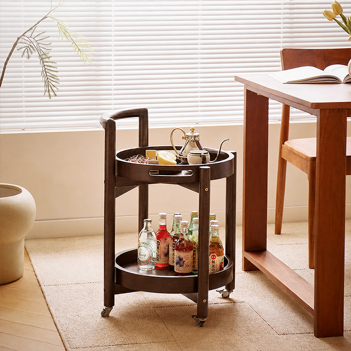 Traditional Vintage Round Rubberwood Tray Top End Table 2-Tier Rolling Cart For Living Room