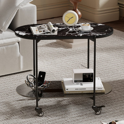 Contemporary Luxury Oval Marble Top Carbon Steel Side Table 2-Tier Casters For Living Room