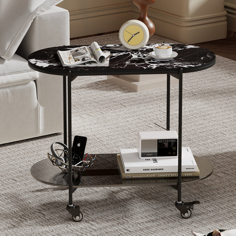 Contemporary Luxury Oval Marble Top Carbon Steel Side Table 2-Tier Casters For Living Room