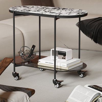 Contemporary Luxury Oval Marble Top Carbon Steel Side Table 2-Tier Casters For Living Room