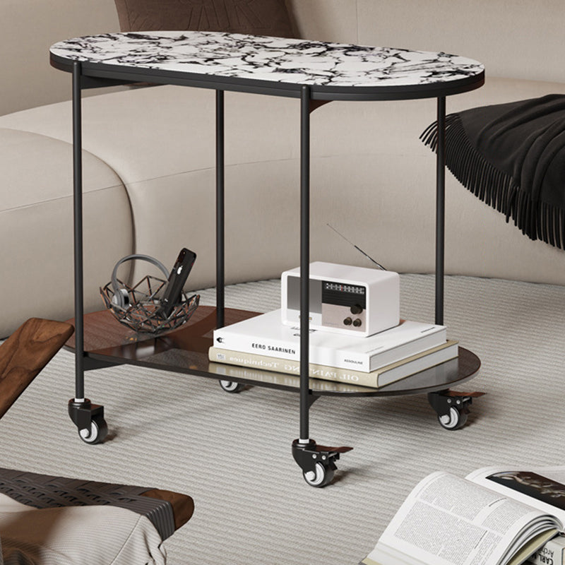 Contemporary Luxury Oval Marble Top Carbon Steel Side Table 2-Tier Casters For Living Room