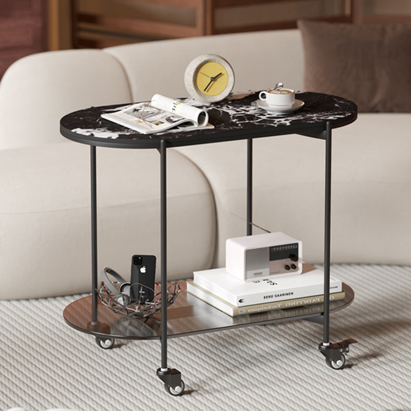 Contemporary Luxury Oval Marble Top Carbon Steel Side Table 2-Tier Casters For Living Room