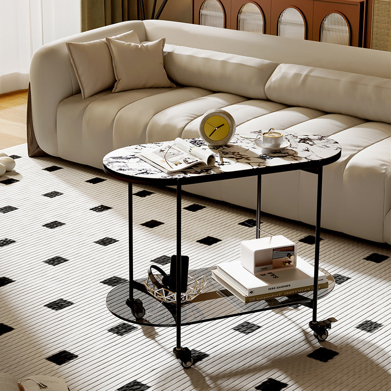 Contemporary Luxury Oval Marble Top Carbon Steel Side Table 2-Tier Casters For Living Room