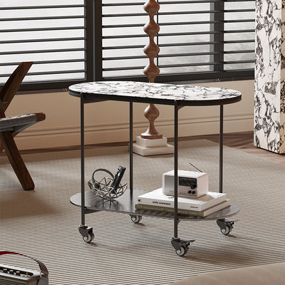 Contemporary Luxury Oval Marble Top Carbon Steel Side Table 2-Tier Casters For Living Room