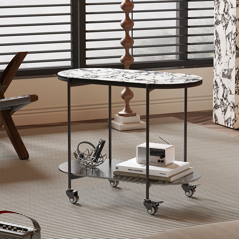 Contemporary Luxury Oval Marble Top Carbon Steel Side Table 2-Tier Casters For Living Room