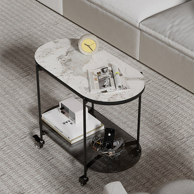 Contemporary Luxury Oval Marble Top Carbon Steel Side Table 2-Tier Casters For Living Room
